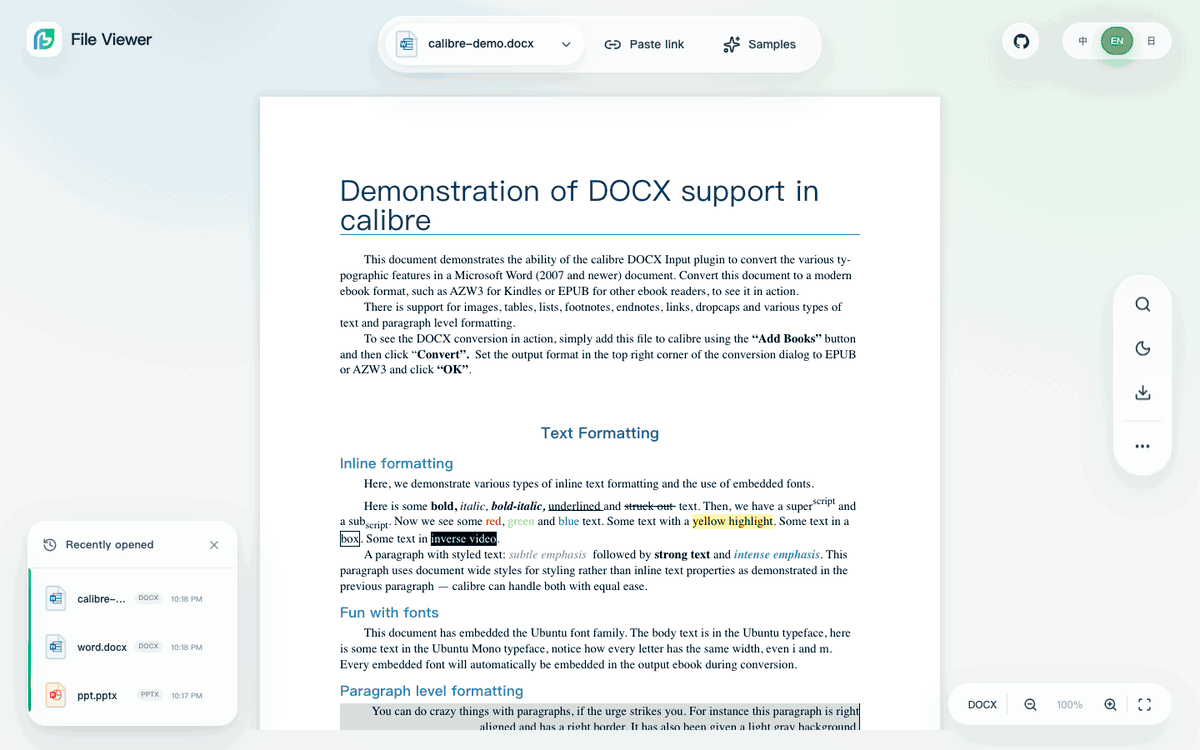 File Viewer v2.2.6 English demo with rich DOCX, PPTX, DWG, and interactive 3D STEP previews